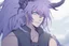 Placeholder: anime man with ram horns, fangs, messy purple hair and blue eyes