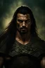 Placeholder: Portrait of an Olive skinned muscular evil male with long dark hair, scarred face and a goatee beard, scowling