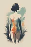 Placeholder: A minimalist, t-shirt design with a vintage twist, featuring a sleek and stylized unclad woman body silhouette against a faded, women body is painting about nature, awosome, bright.