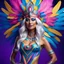 Placeholder: photorealistic full body portrait of a beautiful smiling amazonian carnival goddess with long parma white hair, colorful feathers tight hips with a tron like body suit in a cosmic surounding only blue , pink and yellow