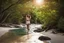 Placeholder: beautiful girl walking toward camera in trees next to wavy river with clear water and nice sands in floor.camera capture from her full body front