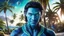 Placeholder: beautiful gorgeous young man na'vi with long hair, Avatar, blue skin, two small ears, green eyes, black hair, in cosmic suit, galactic ambiance, little pointy goatee , smiling, with spaceship and planets and palm trees and clear crystaline cosmic beach in background