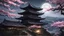 Placeholder: concept art, wide angle shot, A stealthy pink ninja, in the cloak of shadows, (((descending on roof))), cherry blossom tree, in an ancient fortress, weathered stone walls, mount fugi in distant horizon, at night, fog, full moon. high quality, highres:1.1, aesthetic), detailed, extremely detailed, 4K, detailed background