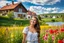 Placeholder: Young woman in flower field in country side ,river, houses,blue sky ,nice clouds,god rays