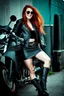 Placeholder: pretty young girl, red long haired, nice smile, sunglasses, headphones, nice body, big bubs and nice legs, little leather jacket, skirt and boots rocker fashion