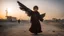 Placeholder: A Palestinian girl have tow wings wearing an old dress in gaza during sunset in winter.