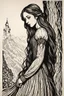 Placeholder: create a deeply powerful tragic, heart wrenching, and evocative, full body woodcut of fairy tale Rapunzel with highly detailed and deeply cut facial features, in the style of KATHE KOLLWITZ , searing lines and forceful strokes