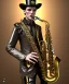 Placeholder: evil mechanoid person playing saxophone with a steampunk theme, realistic