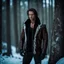 Placeholder: Handsome and muscular 30 year old mountain man wearing furry leather jacket, dark fantasy, snowy forest