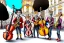 Placeholder: Group mature cats musicians, guitar drum, singing, street, Vienna, smiling, sunny day, model style, hyper realistic, extremely accurate, delicate, extremely detailed, Graphic novel style, wide-angle, open aperture, superfine pencil