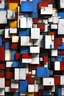 Placeholder: Cubism pattern of red blue black yellow and white squares made out of rusty metal plates, overlaping, 3d elements, in the style of Piet Mondriaan, painting, conceptual art, illustration, 3d render