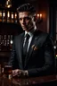 Placeholder: sharply dressed man in an all-black suit and shirt with detailed hand tattoos and a salt-and-pepper haircut sitting at a mahogany desk holding a glass of whisky, photorealistic, 4k
