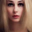 Placeholder: portrait of a beautiful Russian blonde woman with a long fringe, square face, black eyes and full lips