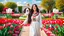 Placeholder: Hyper Realistic Photographic Long View Of A Beautiful Pashto Woman (With Beautiful Eyes Lips & Nose, & Long Black Hair; Wearing White Frock With Maroon Embroidery) Happily Standing & Smiling In A Beautiful Colorful Flower Garden With Red & White Tulips With Fancy Stone Water Fountain & A Peacock (With Colorful Wings) Walking On The Grass Around Her At Beautiful Cloudy Sunny Day Showing Dramatic & Cinematic Ambiance.