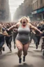 Placeholder: an obese terrified blonde woman crying and sobbing in a crossfit outfit desperately running away from an angry mob of thousands of people chasing her down a city street while she is flailing her arms for dear life