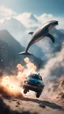 Placeholder: mountains, dolphin police stunt man explosion and fall, smoke and blitz, bokeh like f/0.8, tilt-shift lens 8k, high detail, smooth render, down-light, unreal engine, prize winning