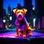 Placeholder: a PURPLE AND ORANGE DOG, BIOLUMINESENT, IN A DARK CITY , HIGH DEF, VRAY, 8K 3D