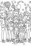 Placeholder: HAPPY NEW YEAR coloring page for kids, HAPPY NEW YEAR CELEBRATION PEOPLE thick outline, low details, no shading, no color