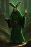 Placeholder: Male rabbitfolk with black fur and Hazel eyes wearing a emerald green robes in a fantasy setting, sorcerer of life