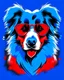 Placeholder: Vibrant, fun t-shirt design of a stylish Australian Shepherd dog with cool sunglasses and relaxed demeanor. The coat is a gradient mix of blue, red and white. The background is a fun red heart-shaped silhouette. The overall design is visually striking and would turn heads on a black t-shirt