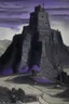 Placeholder: A purplish black fortress on a mountain designed in native American petroglyphs painted by Raymond Duchamp-Villon