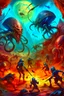 Placeholder: Aliens fighting around metal epic Echo of Ruins , Bosch painting style nightmare