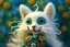 Placeholder: closeup, sharp focus, cute faced happy bioluminescent mohair fantasy steampunk animal cat creature, needle felt, big shiny blue eyes S<AI in sunshine, flower pattern background