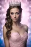 Placeholder: dark brown wood panel background with an overhead spotlight effect, 18-year-old female, Spibby Bloobles, Blue eyes, head and shoulders portrait, wearing a pink, lacey Prom dress with a tiara, full color -- Absolute Reality v6, Absolute reality, Realism Engine XL - v1