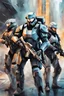 Placeholder: squad of four futuristic soldiers fighting in high tech armor, watercolor style, ultra detailed character, urban background, by Tom "Abbadon" Bloom