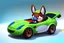 Placeholder: whimsical cartoony sports car, with a small mascot character with a racing helmet on driving it, celshaded comic style, happy atmosphere