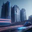 Placeholder: Blue Renault Zoë, futuristic city,