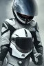 Placeholder: Black racing suit AnnaSophia Robb, portrait, bright white eyes, wearing high tech racing helmet, white smoke, dark, rage, sorrow, high definition, ultra 8 k, volumetric lighting, blue fire, fog