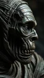 Placeholder: Busch painting style nightmare, a zoomed side view of the mummy by his face skin is a rusted broken metallic skin texture in a 3d rendering full-height image of a grim and dark scene. Ensure the final images exhibit the utmost quality, encompassing 4K, 8K, and 64K resolutions, with 3D rendering that manifests in photorealistic, hyperrealistic, and highly detailed representations. Employ techniques such as HDR, UHD,