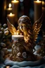 Placeholder: A beautiful angel candle made from gingerbread decadent goth portrait, in front of a snow covered christmas tree, christmas decadent goth metallic filigree ornamented gingerbread angel with wings embossed foral mineral stone ribbed christmas ornaments organic bio spinal ribbed detail of bokeh christmas lights background extremely detailed maximálist hyperrealistic concept art