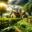 Placeholder: Prompt: create a realistic image: "A picturesque, rural village with an old church and a traditional half-timbered house on a gentle hill. The scene features a rustic wooden fence in the foreground framing a green meadow with white geese. The sky is dramatic with large, white clouds, and rays of sunlight break through to bathe the landscape in a warm glow. The path leading to the church and house is interspersed with grass and earth, giving the scene an idyllic and nostalgic atmosphere. Style in