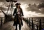 Placeholder: Pirate stands defiantly on a creaking wooden pirate ship deck, ocean horizon stretching behind, tattered sails billowing in the brisk sea wind, sunset casting an amber glow over the scene, high contrast, sharp textures, dramatic lighting, digital painting, crepy stunning, film noir