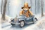 Placeholder: Cute little happy cat scarecrow riding a luxury car, forest path background, winter, snowflakes swirling, waterfall, reflection, mist, sunrise, smooth intricate photorealistic hyperrealistic high definition beautiful lighting pencil sketch watercolor dramatic lighting storybook illustration polished Deep shadows deep color warm light shiny glitters