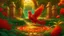 Placeholder: Magical slavic garden with lush greenery and a beautiful stone winding path. There is only one creature the Firebird. The feathers of the Firebird are vibrant red, orange, and gold, each one glowing with an otherworldly brilliance.