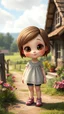 Placeholder: cartonic Chubby child girl big eyes with realistic face and hair and in pretty top and short tight and nice shoes,standing in country side next to country house with flowers,trees.