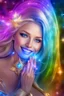 Placeholder: cosmic woman angels smile, admiral from the future, one fine whole face, crystalline skin, expressive blue eyes,rainbow, smiling lips, very nice smile, costume pleiadian, Beautiful tall woman pleiadian Galactic commander, ship, perfect datailed golden galactic suit, high rank, long blond hair, hand whit five perfect detailed finger, amazing big blue eyes, smilling mouth, high drfinition lips, cosmic happiness, bright colors, blue, pink, gold, jewels, realist, high commander,ufo rainbows