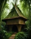 Placeholder: photo of a elvish ibuku bamboo house in sharma springs in the style of alan lee john howe gustave doré giger beksinski phillipe druilett enki bilal, biomechanoid building made of bamboo wood and leaves.