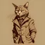 Placeholder: design of a humanized cat in bronze colored trench coat