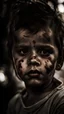 Placeholder: Close up child in the style of high dynamic range, zombiecore, petzval 85mm f/2.2, uhd image, nightmarish illustrations, intense lighting and shadow, emotional intensity