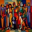 Placeholder: Cubist painting of humans and dogs standing next to each other in different colors and sizes, Cubist painting by Kees Maks, featured on dribble, informal art, cubism, picasso, art on instagram