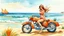 Placeholder: A captivating watercolor illustration of a gorgeous woman in a vibrant bikini, lounging next to a vintage motorcycle on a sun-kissed beach. The motorcycle has a classic, vintage design and adds a touch of nostalgia to the scene. The woman's relaxed pose and the waves gently lapping at the shore create a serene atmosphere. The sky is awash in vibrant hues of oranges, purples, and reds, reflecting the warm glow of the setting sun. Tall, swaying palm trees frame the scene, adding to the tropical pa