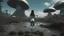 Placeholder: Wide-angle shot of a woman, standing on the right side of an alien beach, with dark hair in a silver robotic catsuit, lots of large floating mushrooms with long tentacles, alien jungle trees in the distance