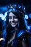 Placeholder: pretty young girl, good body, greath blue eyes, blue long haired, dressing a black armor, tiara, big smile, intense look, darknight sky background.