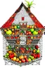 Placeholder: outline art, a house made from woven fruit baskets, with each room featuring a different type of magical fruit, clear line art, white background, no shadows, no tones color, no detailed artwork, angle full view, no cut parts, clear and well outlined.