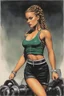 Placeholder: a Celtic girl with braids in a dark tight sport outfit, she does gym, panting [Original and final cover art and five interior illustrations by underground comix artist, Spain Rodriguez, from the German edition of Charles Bukowski’s book, Women, circa 1980’s.]