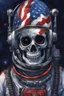 Placeholder: A close up of a skeleton face in an astronaut helmet and suit floating in space. inside the hollow eyes are red shining lights, scary. On his suit is an American flag and in his one hand is a small wavering American hand flag. From the back of his suit is blowing out blue, white and red smoke. Realistic, 8k, highly detailed, funny